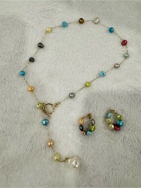 Multicolor Pearl Bead Necklace and Hoop Earrings Set